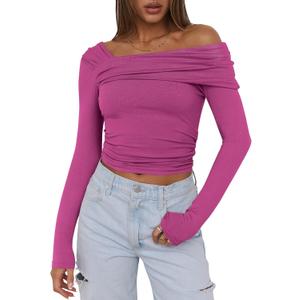 ANRABESS Womens One Off Shoulder Shirts Long Sleeve Slim Fitted Going Out Crop Tops 2025 Fall Outfits Y2K Clothes Hot Pink Small (S)