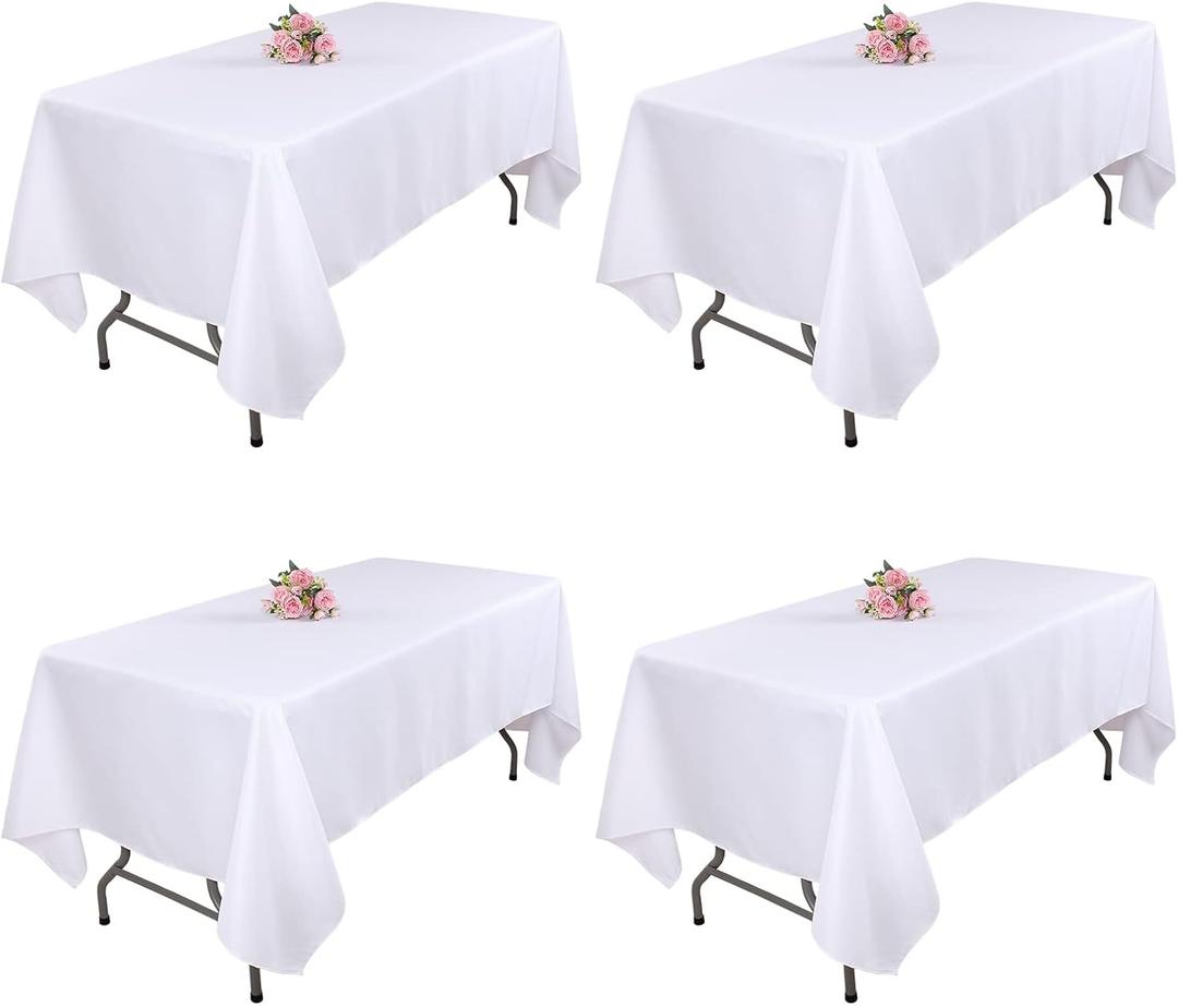 Kesfey 4 Packs White Polyester Table Cloth 60 x102 inch Washable Wrinkle Resistant Tablecloths Fabric Table Covers for 6 Foot Rectangle Tables High Density Banquet Tablecloth for Wedding Celebration