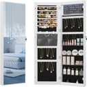 8 LEDs Mirror Jewelry Cabinet, 47.2-inch Jewelry Armoire Organizer, Wall/Door Mount Lockable Storage Cabinet with 6 Earrings Shelves, 2 Makeup Pockets, White and Black JC12003B