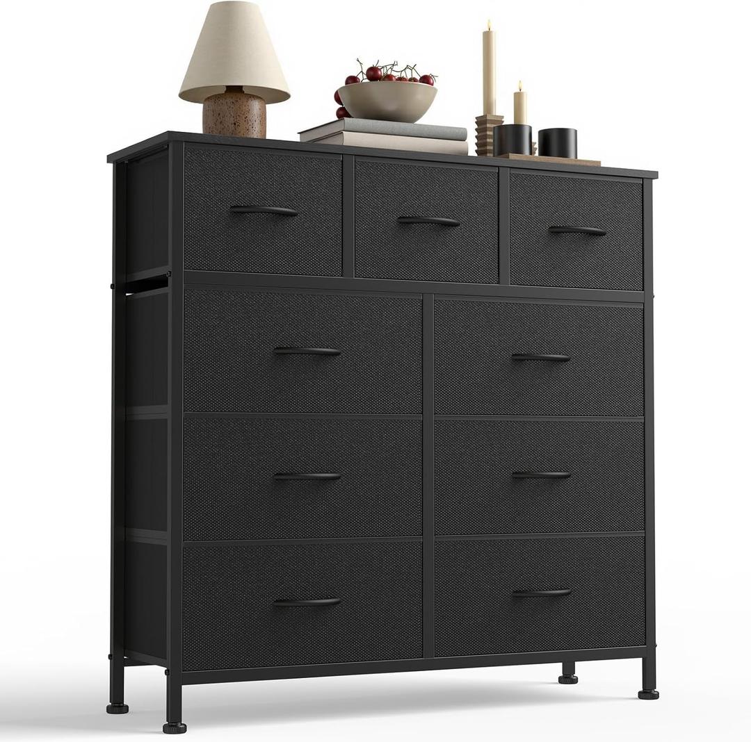Sweetcrispy 9-Drawer Fabric Dresser Storage Tower with Wood Top and Steel Frame, Organizer Chest with Easy Pull Handles for Bedroom, Closet, Hallway,Classic Black
