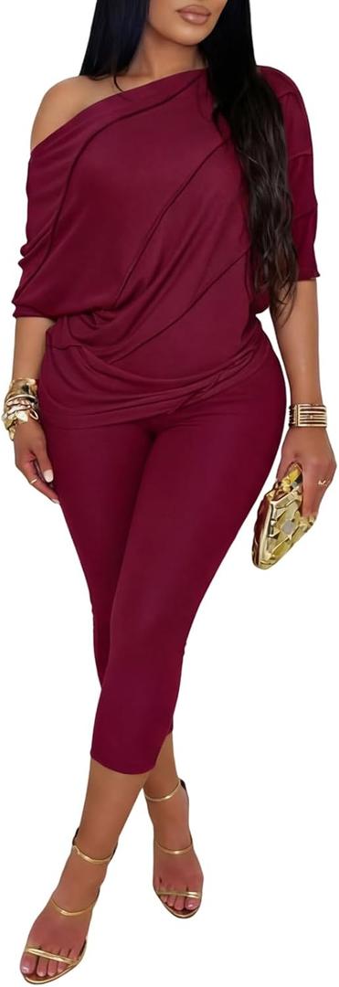 Vssjavun Women's 2 Piece Outfits Ribbed Knit One Shoulder Batwing Sleeve Loose Blouse Top Skinny Bodycon Capri Pants Sets, Small
