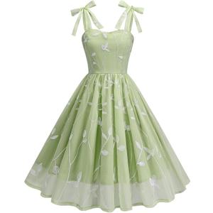 IDOPIP Women Vintage Bowknot Swing Dress Elegant Leaf Embroidery Mesh Dress 1950s Retro Cocktail Prom Gown Formal Midi Dress (X-Large, Green)