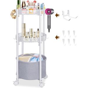 3-Tier Round Makeup Cart with Wheels, Rolling Vanity Organizer with Removable Hair Dryer Holder, Small Space Beauty Storage Cart for Skincare, Perfume, Nail Polish & Hair Tools, White