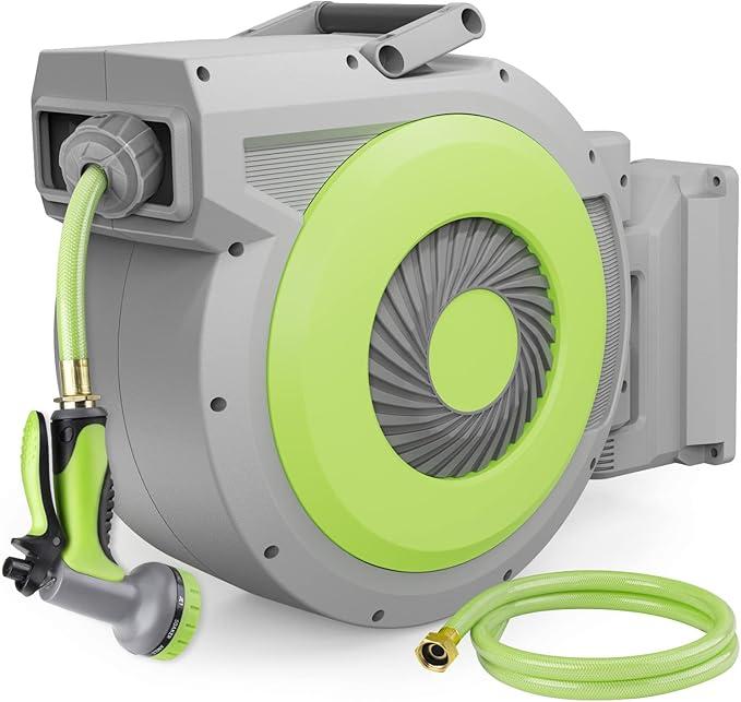 5/8" x 85 ft Retractable Garden Hose Reel, Wall Mount Retractable Water Hose with 10 Pattern Hose Nozzle, Any Length Lock/180° Swivel Automatic Hose Reels for Outside Garden Watering