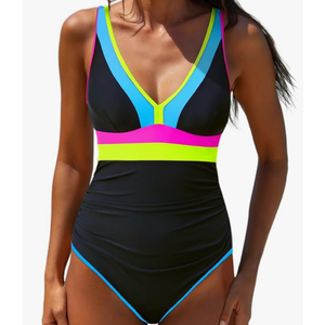 popvil One Piece Swimsuit Women 2025 Tummy Control Neon Color Block Bathing Suit Deep Vneck Tie Back Swim Suits Beach M