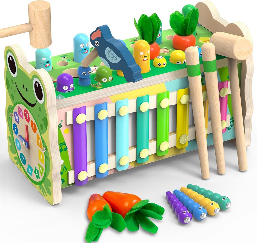 6-IN-1 Wooden Montessori Toys for 1 Year Old, Mole-Tapping Game | Play the Xylophone | Frog Clock | Carrot Harvest Game | Spinning Gear, Toddler Toys Aged 1-4, Baby Toy Gift for Early Learning