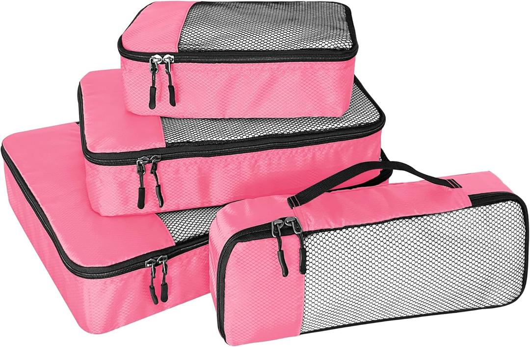 4-Piece Packing Cubes Travel Accessories Set for Suitcases - Luggage Organizer Bags with Double Zipper - Mesh Top - Small/Medium/Large/Slim - Pink