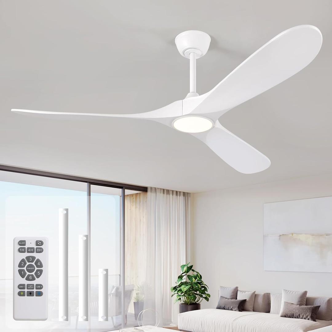 52" Ceiling Fan with Light and Remote, 6-Speed Dimmable Outdoor Ceiling Fan, High CFM Quiet 3 Blade Wood Ceiling Fan, Modern Propeller Ceiling Fan for Outdoor Indoor Living Patio Porch (White)