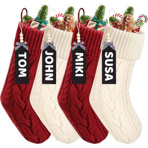 Christmas Stockings Set of 4,18" Large Personalized Knitted Red White Christmas Stockings Customized with Name Tags for Kids Holiday Xmas Family Fireplace Party Hanging Decoration Stockings Gifts