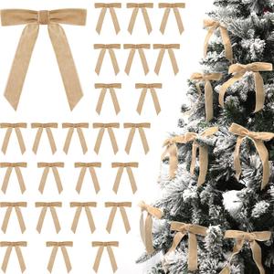 Sea Team 24-Pack Velvet Ribbon Bows, Decorative Bowknot for Christmas Tree, Wreath, Garland, Art Crafts, Bouquets, Seasonal Decorations, Beige (1'' Wide, 5 x 7 Inch)