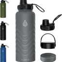 32oz Stainless Steel Insulated Water Bottle, 48H Ice Cold & 24H Hot, Leak-Proof Wide Mouth Lids (Straw & Spout), BPA-Free Bottles, Mens Water Bottle for Gym, Hiking, Travel - Grey (Gray)