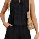 Blooming Jelly Womens Two Piece Sets Pleated Vacation Outfits Resort Wear Beach Linen Set Cruise Summer Matching Set 2025 (Black, L)