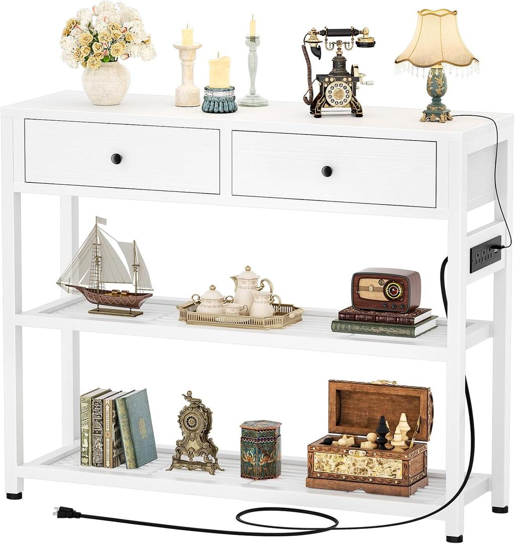 Ecoprsio Entryway Table with Outlets and USB Ports, Console Table with 2 Drawers, Small Sofa Table with Storage Shelves for Living Room, Couch, Hallway, Foyer, Kitchen Counter, 32'', White