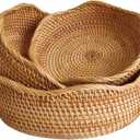 Rattan Bread Basket, Hand Woven Fruit Basket, Wicker Serving Basket Bowl, Decorative Baskets for Kitchen Counter Organizing, Set of 3 (Wave)
