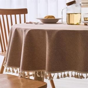 Linen Textured Round Tablecloth with Tassel - Waterproof Spill Proof Table Cover for Kitchen Dining Tabletop Decoration, Light Brown, Round - 48 inch