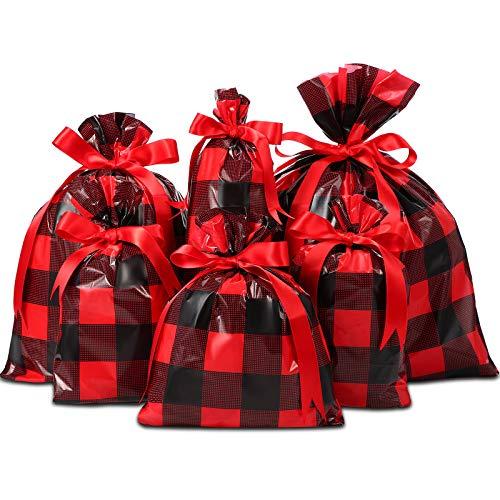 Shappy 36 Pcs Christmas Buffalo Plaid Drawstring Gift Bags - Red and Black Candy Snack Present Bags With Ribbons - Xmas Wrapping Goody Treat Party Favor Supplies