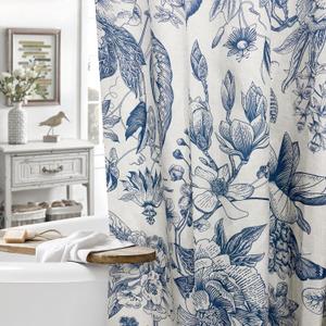 MUGINYU Boho Blue Floral Linen Shower Curtain for Bathroom - Rustic Farmhouse cottagecore Print Pattern Botanical Boho Shower Curtain Set Aesthetic Chinoiserie Vintage Bathroom Decor