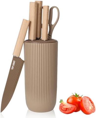 Knife Set, Astercook 4-Piece Coffee Kitchen Knife Set for Home, Anti-Rust Non-stick Stainless Steel Sharp Chef Knife Set with Universal Knife Block for Kitchen, Ergonomical Design (Coffee)