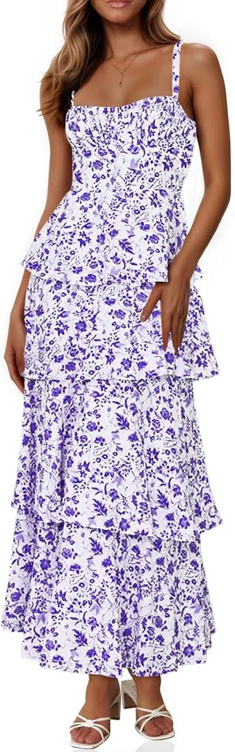 Fisoew Womens Floral Maxi Dresses Spaghetti Strap Casual Sleeveless Ruffle Flowy Tiered Dress (Large, Violet)