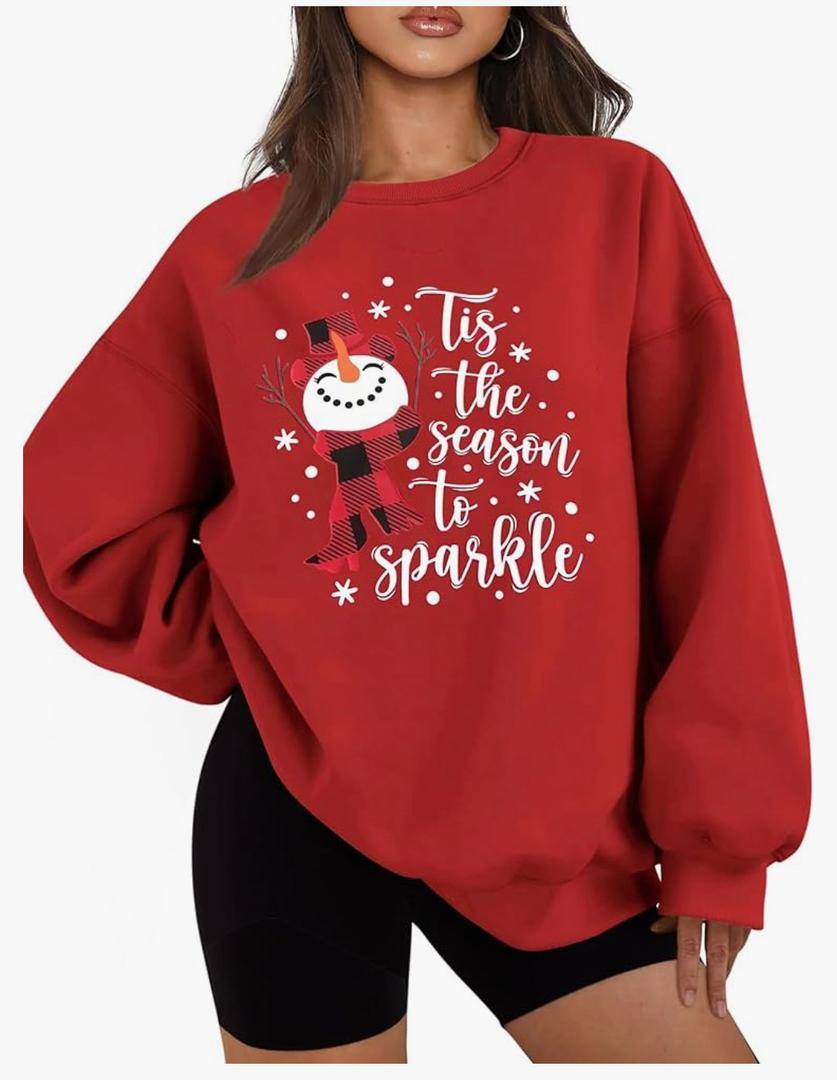 Oversized Christmas Sweatshirt Women Tis The Season Christmas Shirt Xmas Tree Long Sleeve Fleece Pullover Tops(Red2, XL))