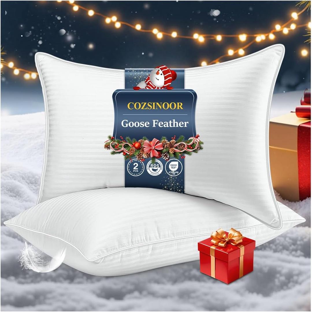 COZSINOOR Goose Feather Pillows Queen Size Set of 2 - Hotel Down Bed Pillow for Sleeping, Soft 600 TC Cotton Cover, Fluffy Support Surround Fill Down Alternative for Back, Stomach, Side Sleepers