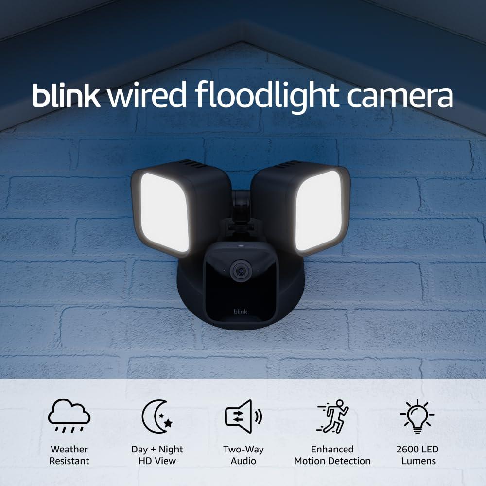 Blink Wired Floodlight Camera - Smart security camera, 2600 lumens, HD live view, enhanced motion detection, built-in siren, Works with Alexa  1 camera (Black)