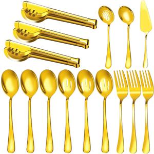 Serving Utensils, 15 Pcs Stainless Steel Large Flatware Serving Tools Kit, Included Spoons, Forks, Tongs, Slotted Spoon, Ladle, Cake Server for Kitchen Catering Banquet Wedding Buffet Party, Gold