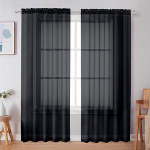 Simplebrand Black Sheer Curtains, 72" Length, 2 Panels Set - Light Filtering, Rod Pocket Window Curtains for Bedroom (Black, 59" W x 72" L)