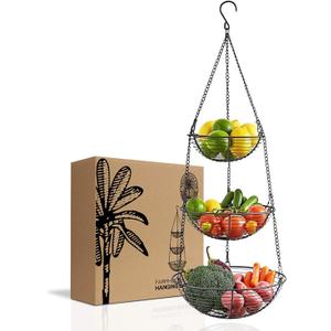 3 Tier Hanging Fruit Basket Regal Trunk & Co., Farmhouse Wire Basket, Three Tier Fruit Basket for Kitchen for Vegetables, Bread & More, Metal Chain, Hanging Hook and Detachable Round Wire Baskets