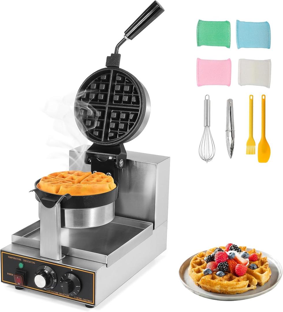 WICHEMI Commercial Belgian Waffle Maker 360 Flip Nonstick Rotating Waffle Iron Time Control Temperature Adjustable Stainless Steel Body 110V 1200W (14.9"Dx9.8"Wx10.5"H)