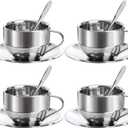 Okllen 4 Pack Stainless Steel Coffee Cup Set, 6 Oz Coffee Mugs with Spoon and Saucer, Double Walled Espresso Cups Mugs for Coffee, Latte,Tea, Milk