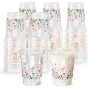 AnyDesign 100 Pcs Spring Floral Plastic Cups 12oz Flower Clear Drinking Cups Wildflower Disposable Cup for Wedding Birthday Baby Shower Party Table Decor Supplies