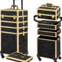 Rolling Makeup Case, Makeup Train Case with Lid, 5 in 1 Cosmetology Case on Wheels, Christmas Gift, Large Makeup Organizers, Proffesional Cosmetic Case for Salon Barber, Pattern Black Gold (4 layers)