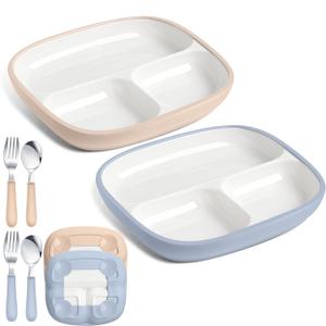Teenyyou 2 Pcs 8.2" Large Kids Porcelain Plates with Silicone Sleeves Toddlers Divided Plates Extra Deep White Porcelain Dishes 2 Pack Spoons and Forks Set Microwave Dishwasher Friendly(Blue, Beige)