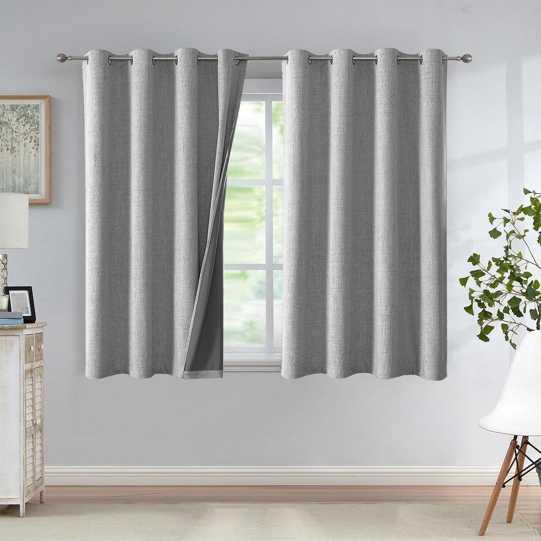 Urban Lotus Total Blackout Bedroom Window Curtains Linen Textured Blackout Thermal Insulated Energy Saving Noise Reducing Drapes Grommet Top Window Treatment, 2 Panels (52 W x 54 L, Grey)