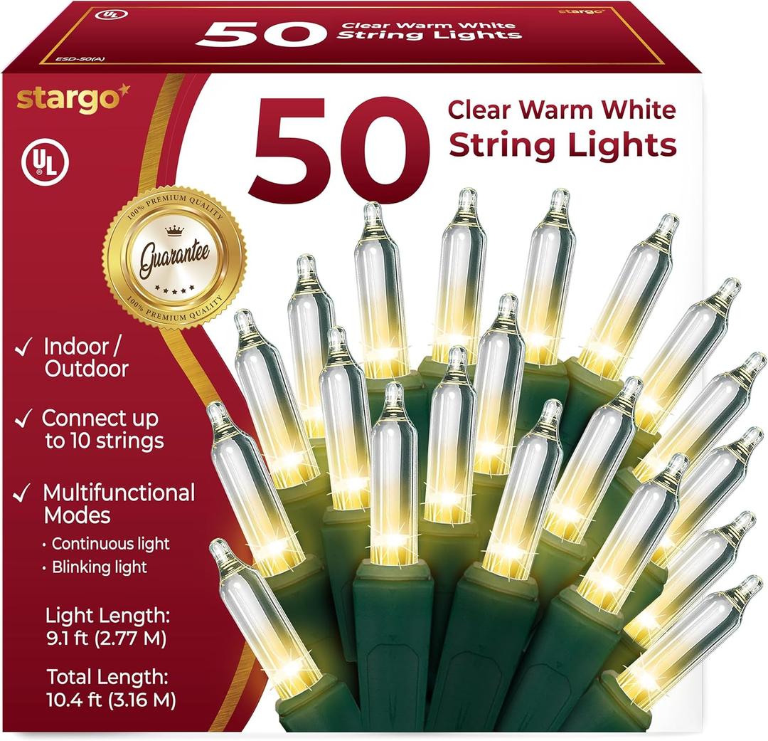Clear Warm White Christmas Lights - 9 ft String of 50 Incandescent Mini Bulbs Multifunctional Lighting Modes, for Decorative, Bedroom, Outdoor, Xmas Twinkle Tree Lights with Green Wire Total 10.4 ft