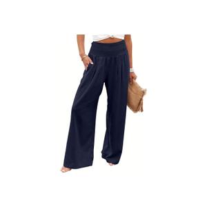 LOFBAZ Women Summer Flowy Cotton Linen Palazzo Wide Leg Pants Beach High Waisted Trousers Boho Long Lounge Pant with Pockets (Large, Navy Blue)