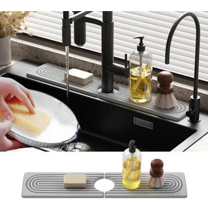 Slow Slog Quick Dry Sink Splash Guard - 15.8" Fast Drying Diatomaceous Earth Faucet Tray - Super Absorbent Sink Faucet Mat for Kitchen & Bathroom Countertops - Gray