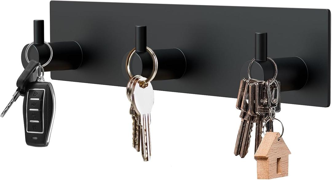 VIS'V Magnetic Key Holder Wall Mount, Metal Adhesive Key Hanger with 3 Hooks, No Drilling, 2 Mount Options, Black, Small