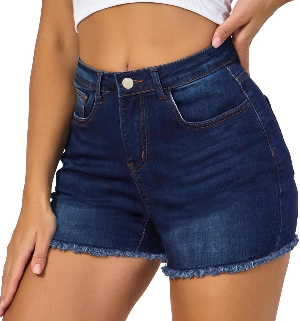 VIPONES Women Mid Rise Jeans Shorts Frayed Raw Hem Summer Stretchy Casual Denim Shorts (14, 81-Blue)