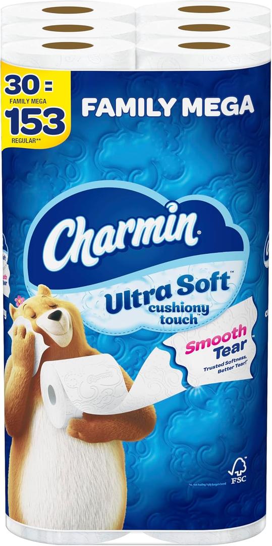 Charmin Ultra Soft Cushiony Touch Toilet Paper, 30 Family Mega Rolls = 153 Regular Rolls (288 sheet (Pack of 30))
