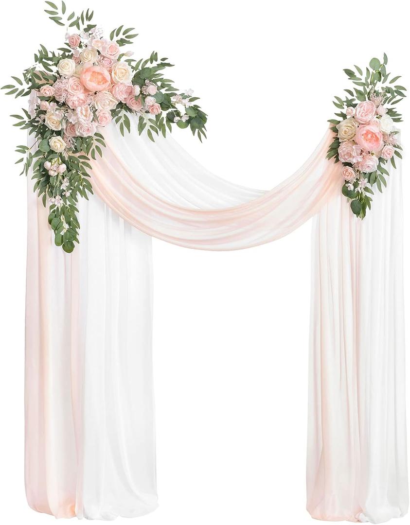 Ling's Moment Pink White Artificial Wedding Arch Flowers Kit Pack of 4, 2pcs Hanging Flower Arrangement 2pcs Chiffon Drapes Ceremony Reception Silk Rose Arbor Backdrop Floral Garden Outdoor Decoration (Pk-blush & Cream)