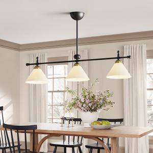 Linear Chandelier, Modern Chandelier for Dining Room Light Fixture, Dining Light Fixtures with Milk Glass Shade Pendant Lights Kitchen Island for Restaurant, Living Room (Black, 3-Lights)
