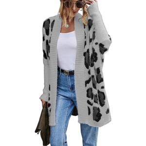 Women's Long Sleeves Open Front Casual Leopard Print Fuzzy Knitted Sweater Cardigan Coat Outwear (Medium, Grey)