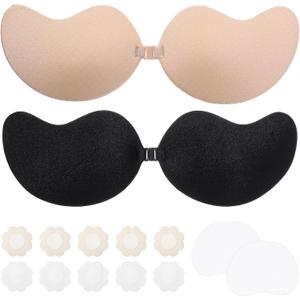 2 Pairs Strapless Sticky Bra with 1Silicone Nipple Covers and 5 Pairs Non-Woven Nipple Covers, Adhesive Bra Push up, Adhesive Strapless Bras, for Backless Dresses Black, Nude