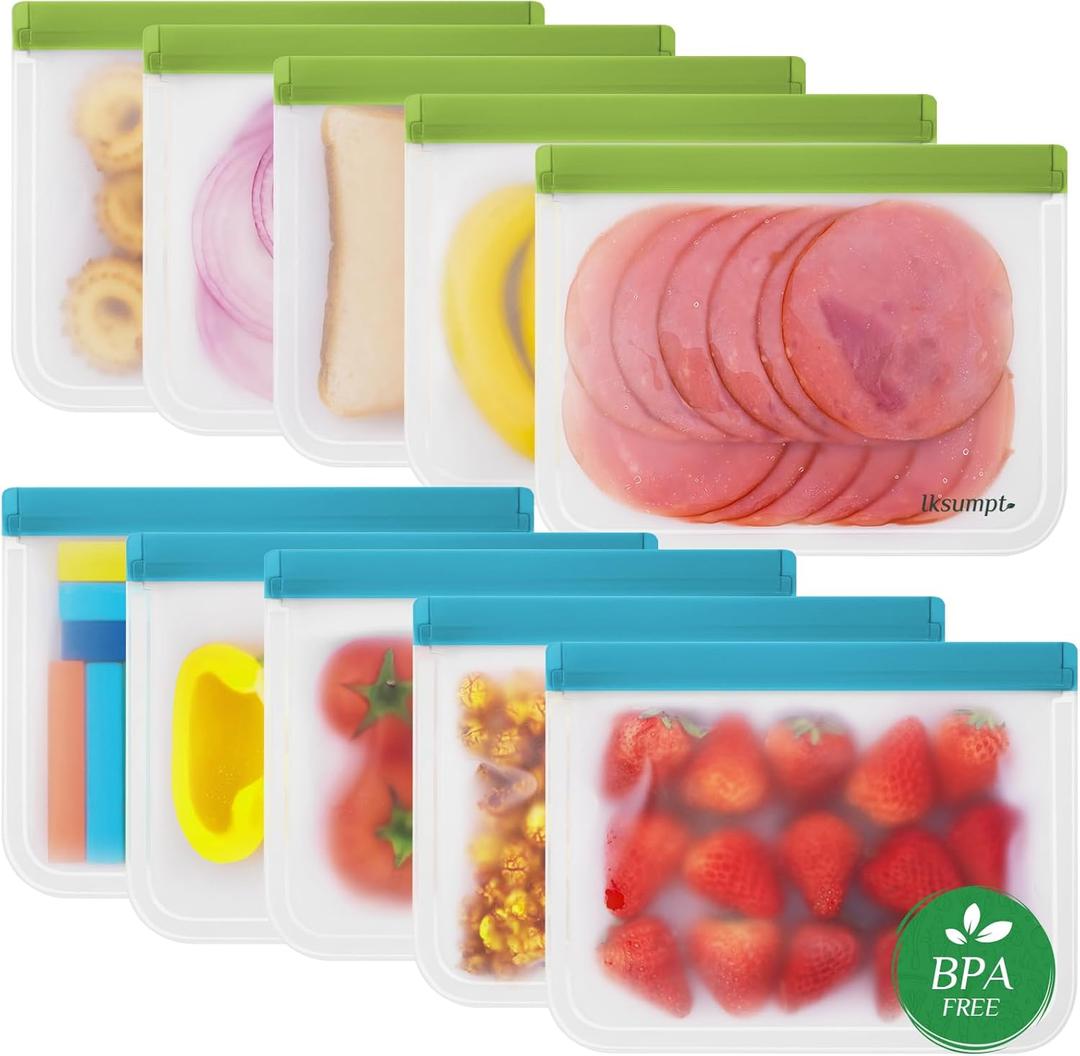 2 x Reusable Freezer Bags - 10 Pack Reusable Sandwich Bags BPA Free, Leakproof, Extra Thick | Food Storage Bags for Freezer, Meal Prep, Travel, Kitchen, Salad & Marinate