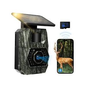 MAXDONE Solar Trail Camera WiFi Bluetooth  64MP 4K Game Camera with 5200mAh Rechargeable Battery, 0.1s Trigger 65ft Night Vision, IP66 Waterproof Trail Cam with 32GB TF Card for Outdoor Backyard