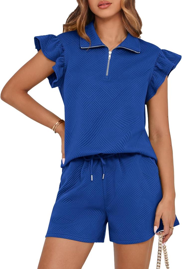 BTFBM Women's 2 Piece Outfits Sweatsuit Zipper V Neck Casual Ruffle Short Sleeve Tops and Drawstring Shorts Lounge Sets (Medium, Royal Blue)