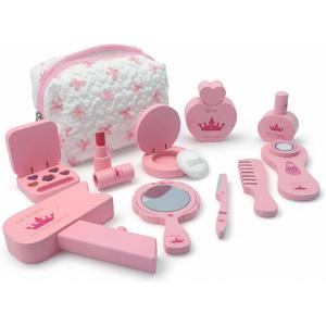 Wooden Makeup Toy Set Pretend Wood Beauty Realistic Toy Beauty Set for Toddler with Eyeshadow/ Mascara/ Perfume/ Blush/ Mirror/ Bag, Birthday Gifts for Girls Toys (Color 1)