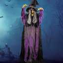 JOYIN 72 Halloween Hanging Witch Decorations Outdoor, Flying Talking Ghost Decor Light Up Eyes Sound Activated, Outside Indoor Haunted House Prop for Lawn Yard Garden, Purple